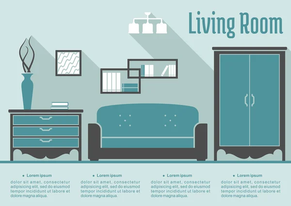 레트로 플랫 거실 인테리어 — 스톡 벡터