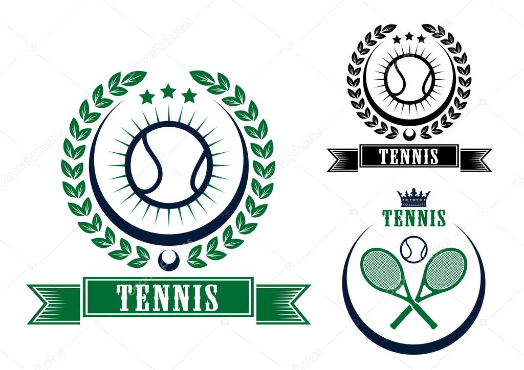 Tennis sports emblems or badges in circular frames, two with balls and a laurel wreath and the third with crossed rackets, vector illustration isolated on white