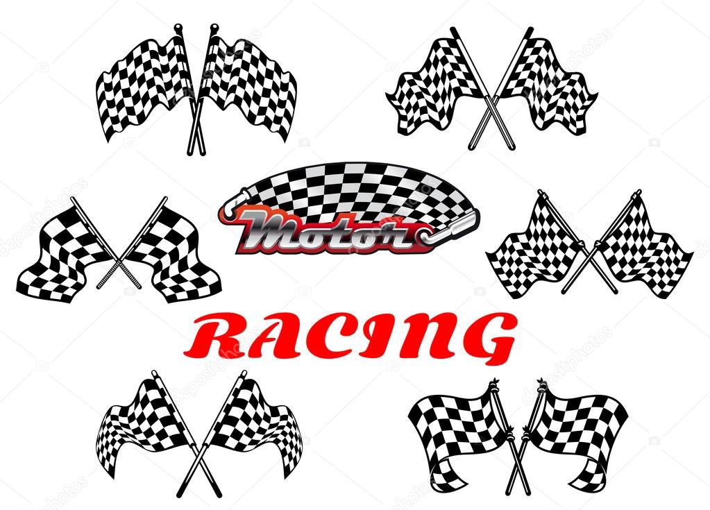 Heraldic vector black and white checkered racing flags showing crossed flags waving in the wind