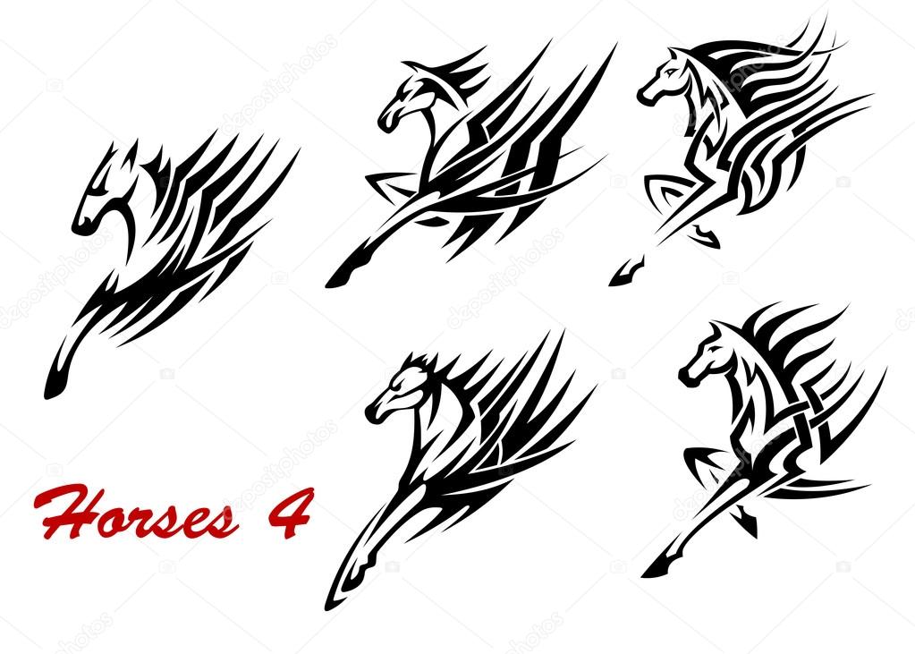 Black and white galloping horses icons or tattoos with flowing stylized manes, side view of front legs and head