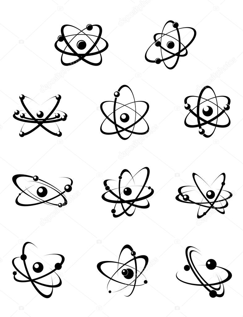 Black and white vector atomic structures of orbiting electrons around a nucleus for science themes