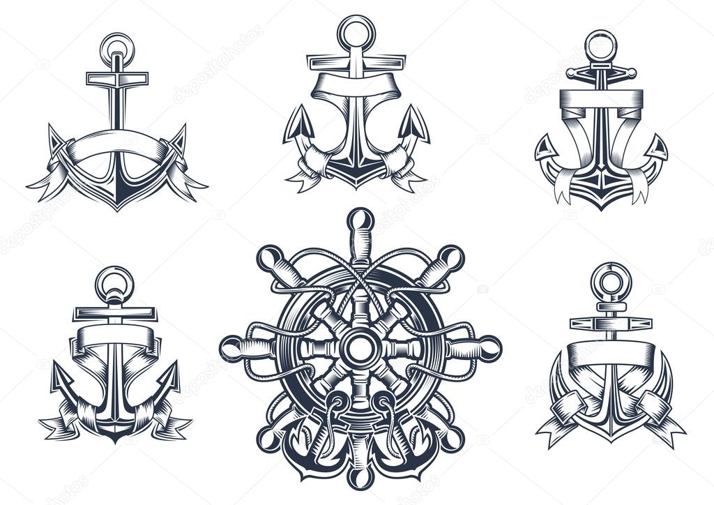 Vintage marine and nautical icons with ships anchors with blank entwined ribbon banners and a ships wheel with anchors