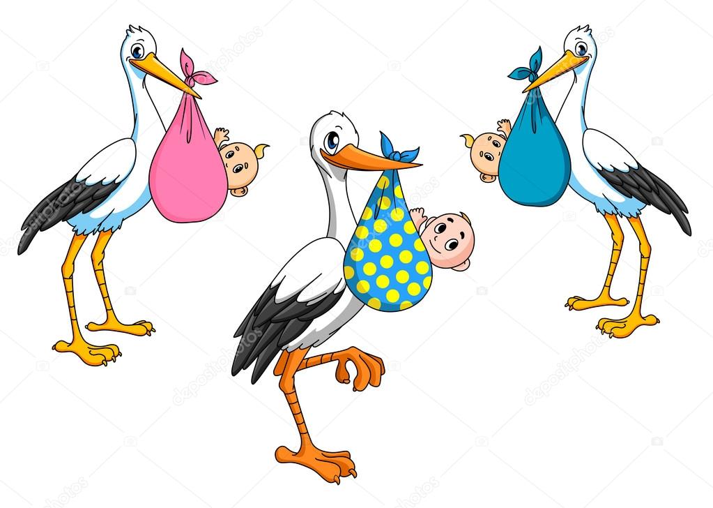 Cute cartoon storks carrying babies