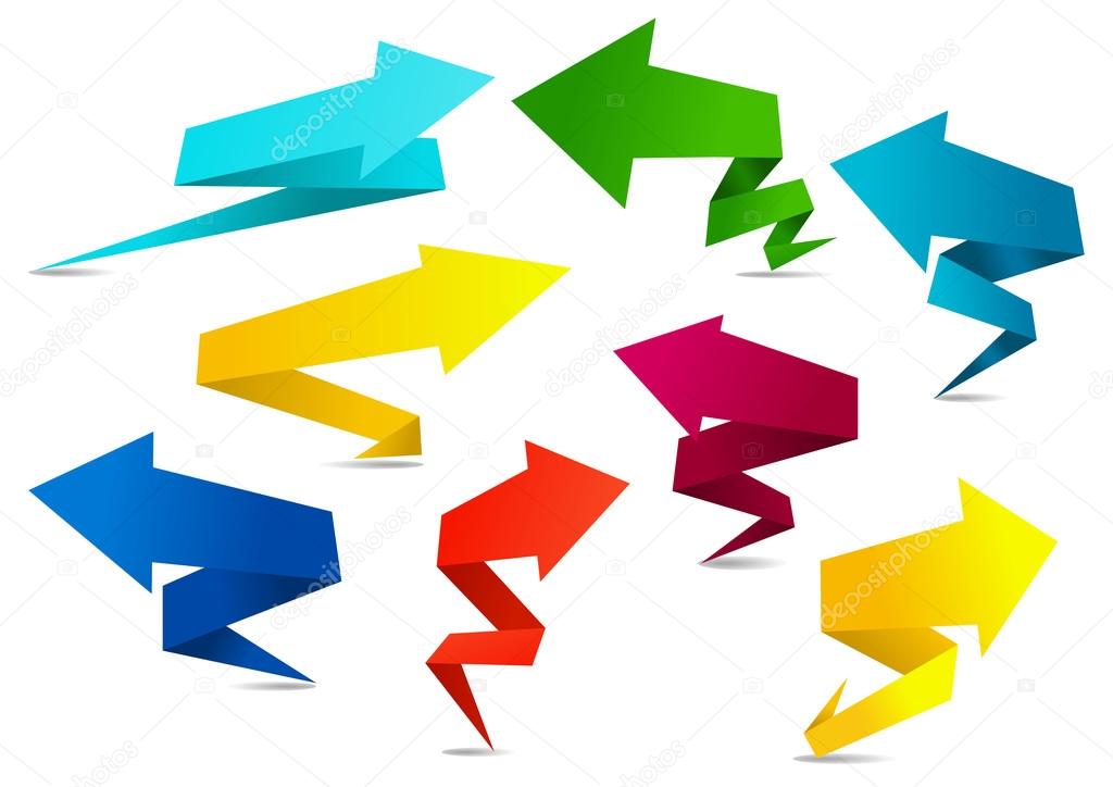 Set of colorful folded origami arrows