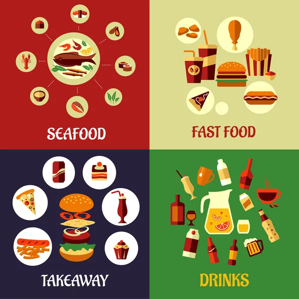 Mariscos, comida rápida y bebidas iconos planos — Vector de stock