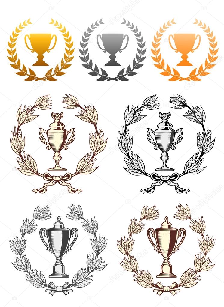 Cup trophies with laurel wreath