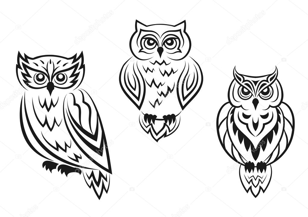 Black and white owl bird tatoos in silhouetted style isolated on white background