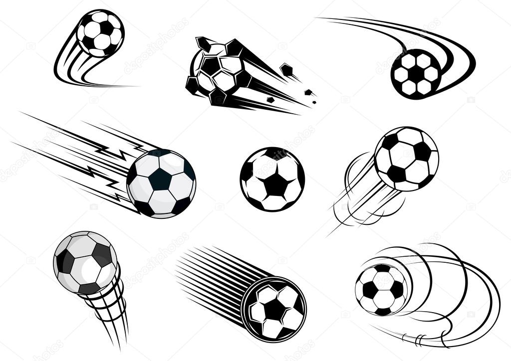 Fflying soccer balls set with motion trails for sports emblem and logo design