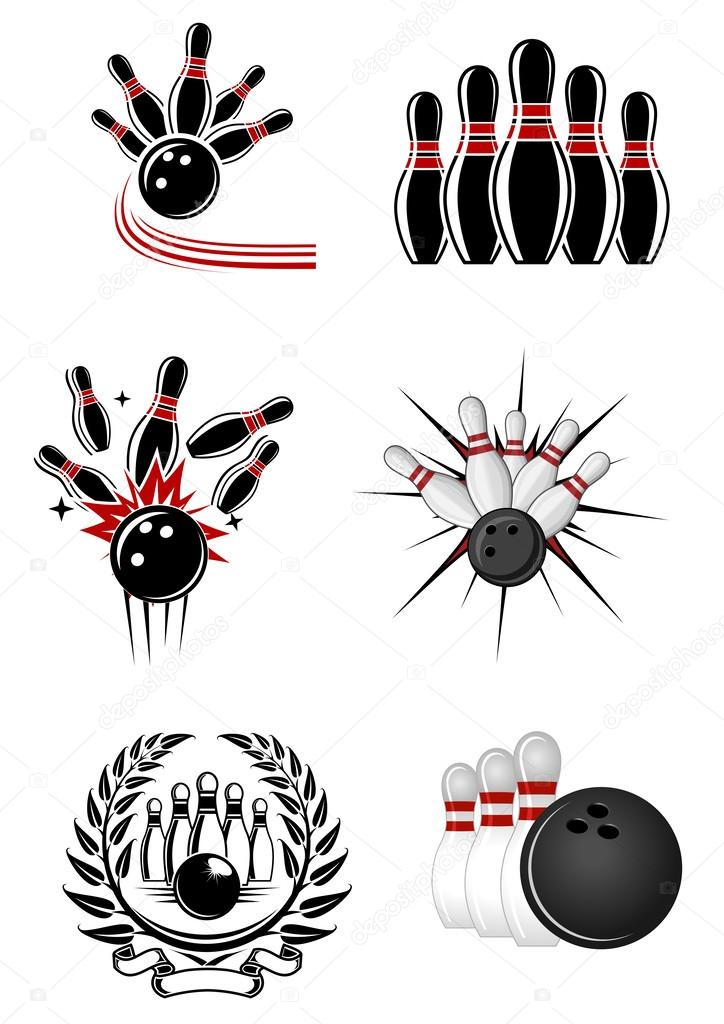 Bowling sports emblems and symbols with ball, ninepins and laurel wreath