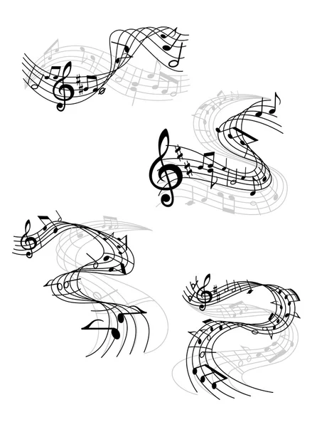 Notas musicales sobre pentagramas giratorios — Vector de stock