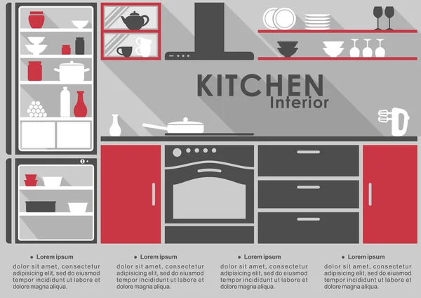 Küche Interieur flaches Design mit langen Schatten — Stockvektor