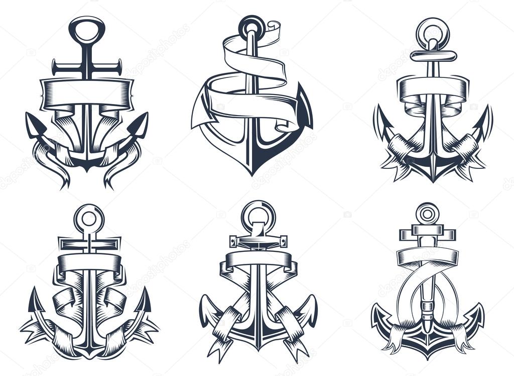 Marine or nautical themed ships anchor icons with blank ribbon banners entwined around the anchors, vector illustration