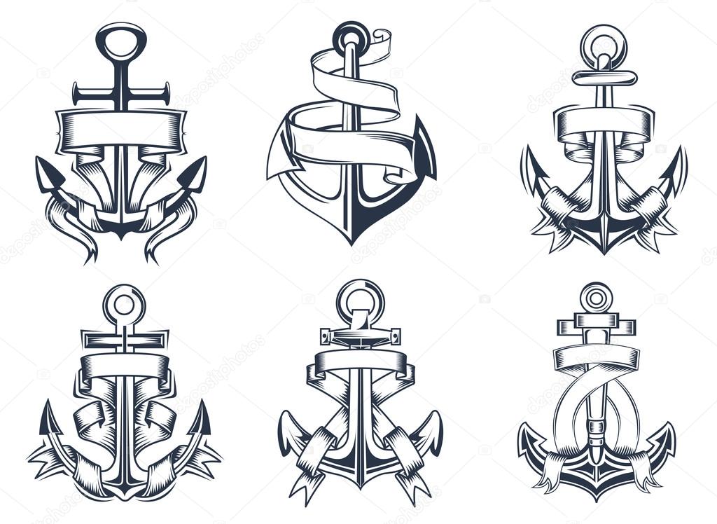 Marine themed ships anchor icons with ribbons