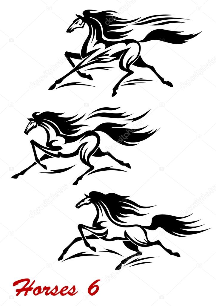 Fast galloping horses and mustangs in vector with flying manes and tails for equestrian sports design