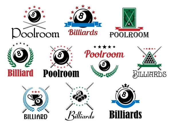 Conjunto de símbolos e emblemas de jogo de bilhar —  Vetores de Stock