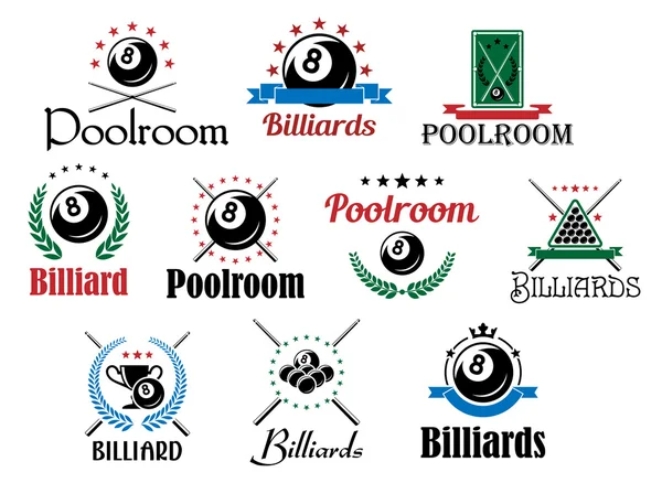 Jeu de billard emblèmes et symboles ensemble — Image vectorielle