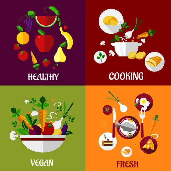 Kolorowe zdrowe świeże jedzenie Płaska konstrukcja — Wektor stockowy