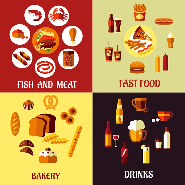 Surtido de iconos de alimentos planos — Archivo Imágenes Vectoriales