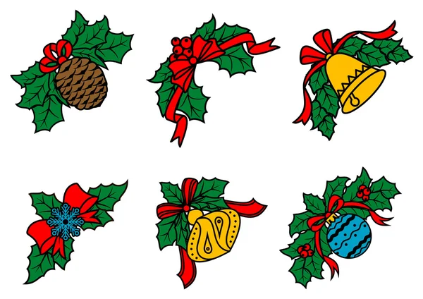 Vánoční dekory na listech s červené stužky — Stockový vektor