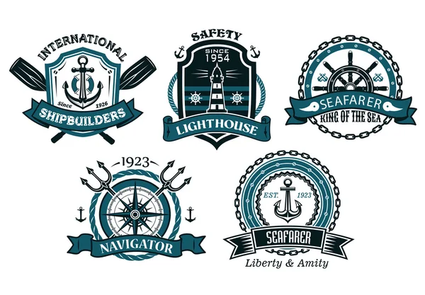 Námořní odznaky a odznaky v heraldické stylu — Stockový vektor
