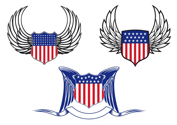 Escudos americanos con alas de ángel — Vector de stock