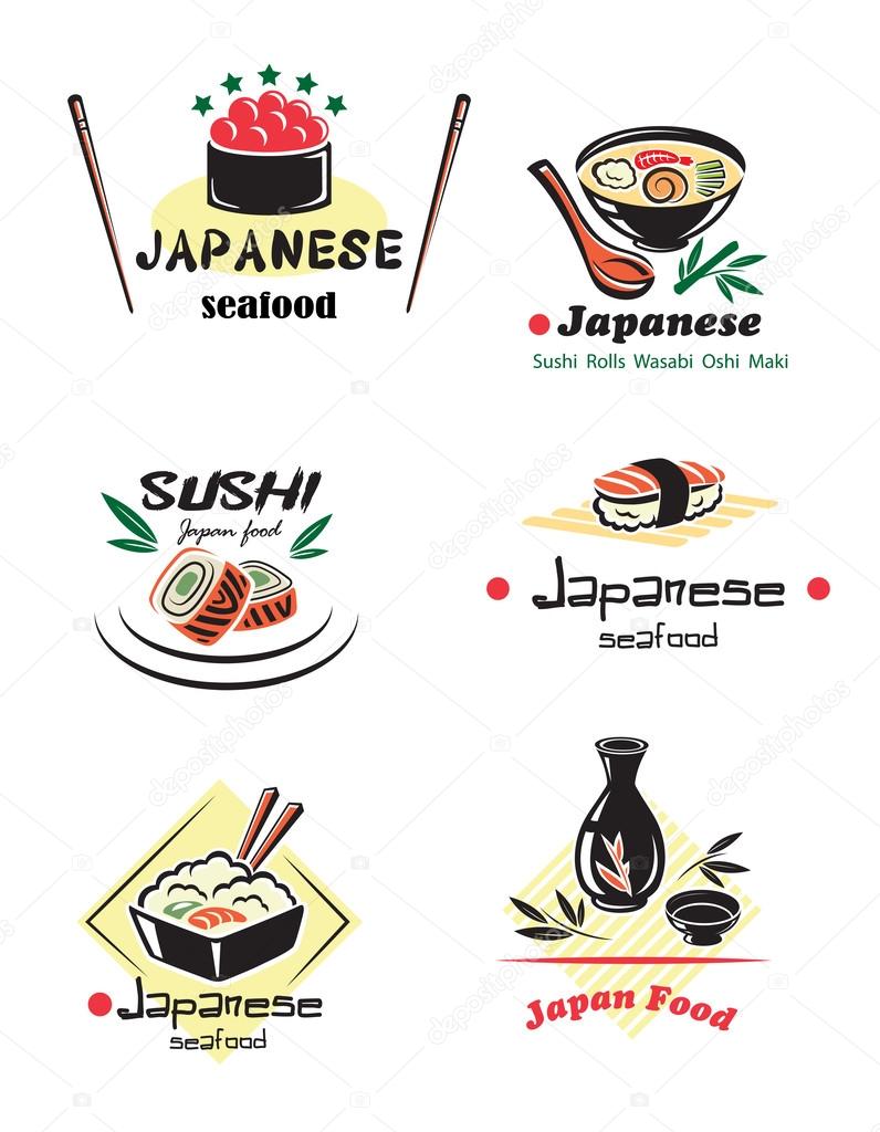 Japanese seafood set with red caviar, sushi, rolls, sake, nigiri, fish, rice, soup, chopsticks for restaurant menu design