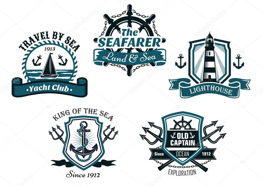 Nautival various heraldic emblem and symbols designs with travel by sea, yacht club, seafarer, lighhouse, king of the sea and old captain badge elements