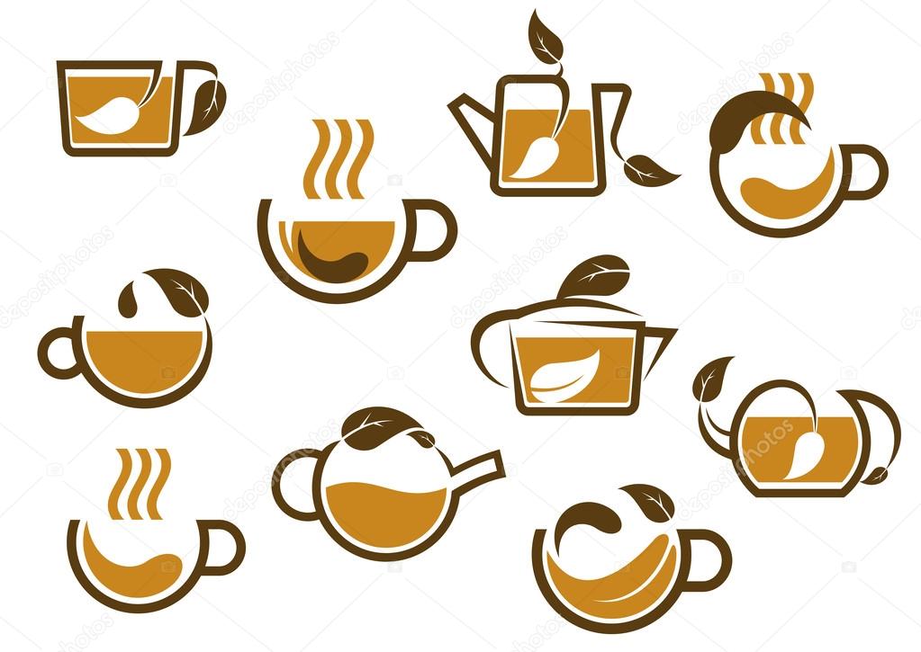 Brown herbal tea cups and pots icons isolated on white for cafe, restaurant and beverage logo design