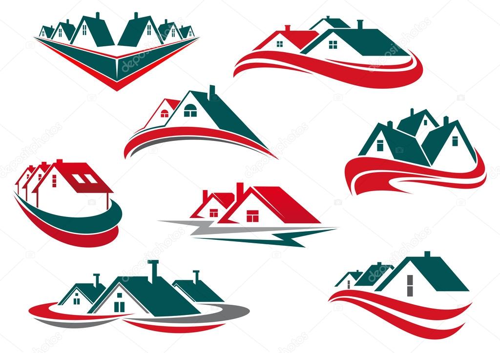 Real estate and house icons or symbols for business or construction logo design with green, red roofs and waves