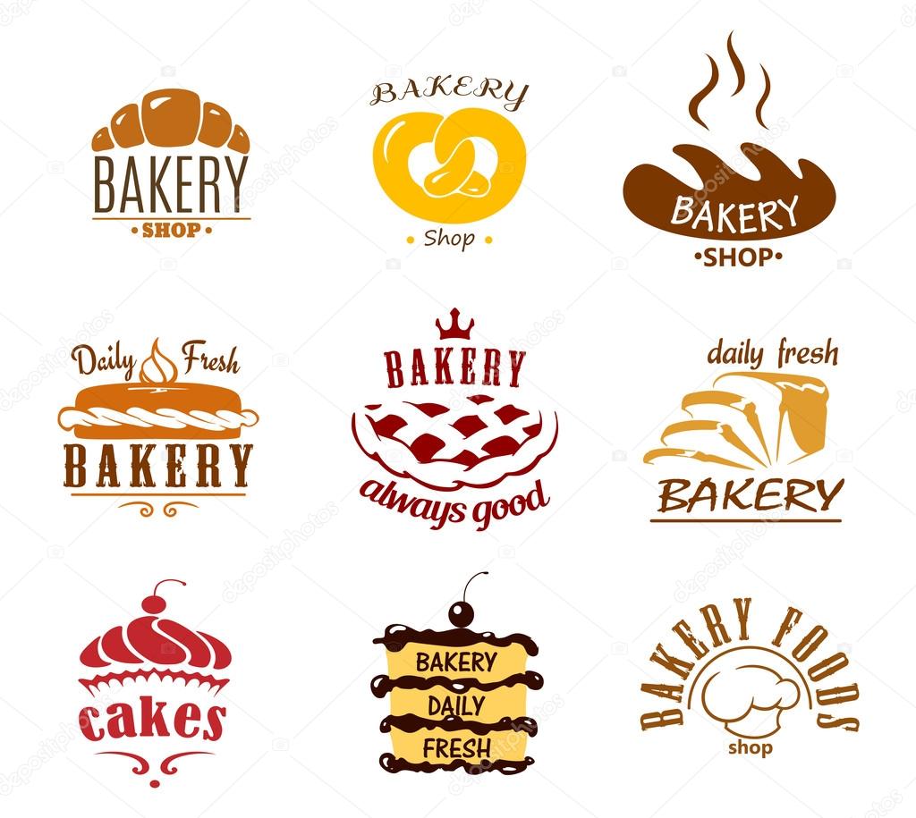 Bakery and pastry emblems or labels with bread, cakes,pies,croissant and chef toque