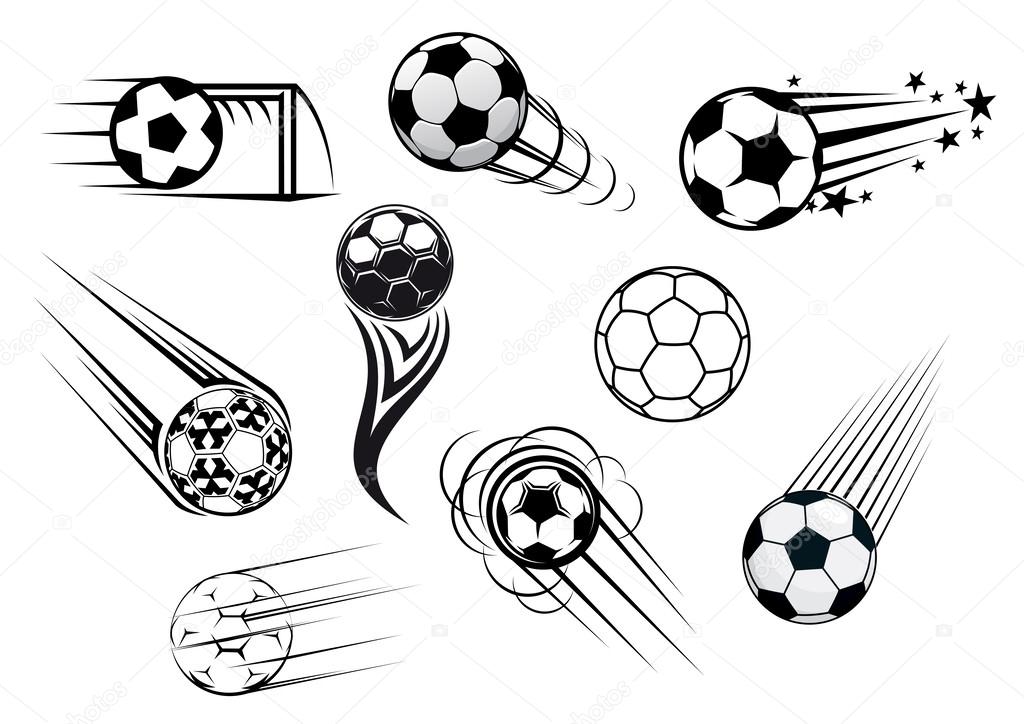 Flying soccer and football balls with motions trails for sports club or tournament logo design