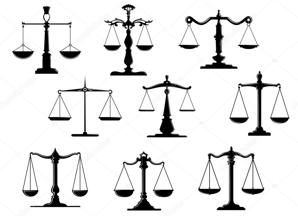 Black law scale icons with balance position isolated on white background