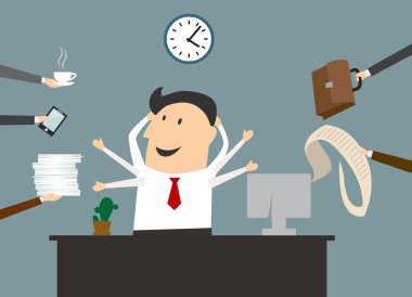Cartoon multitasking businessman on workplace in office