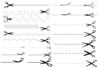 Dotted and dashed cut lines with scissors set clipart