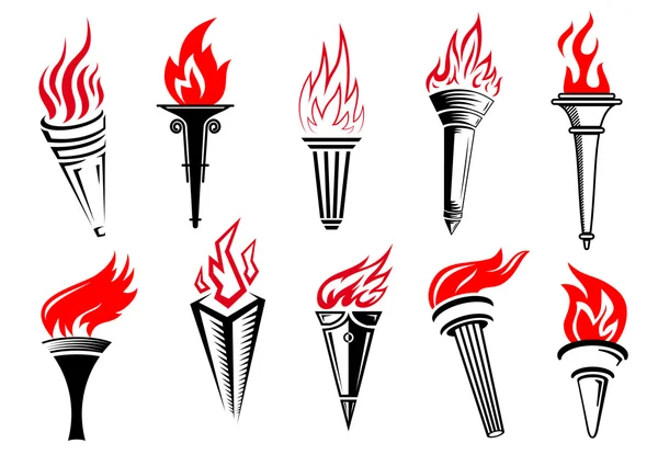 Torches icônes avec des flammes rouges — Image vectorielle