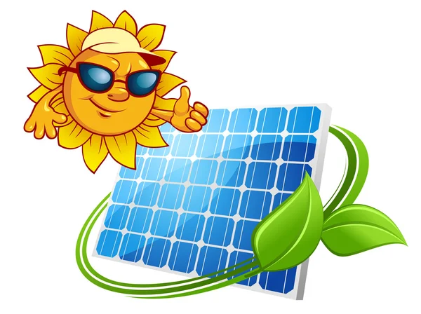 Concepto de energía solar con dibujos animados sol y panel solar — Vector de stock