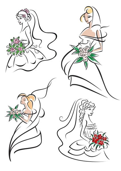 Elegantes novias jóvenes con flores — Vector de stock