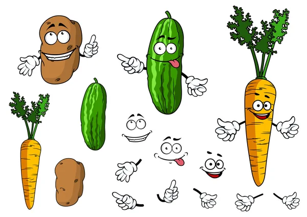 Cartoni animati di patate, cetrioli e carote personaggi vegetali — Vettoriale Stock