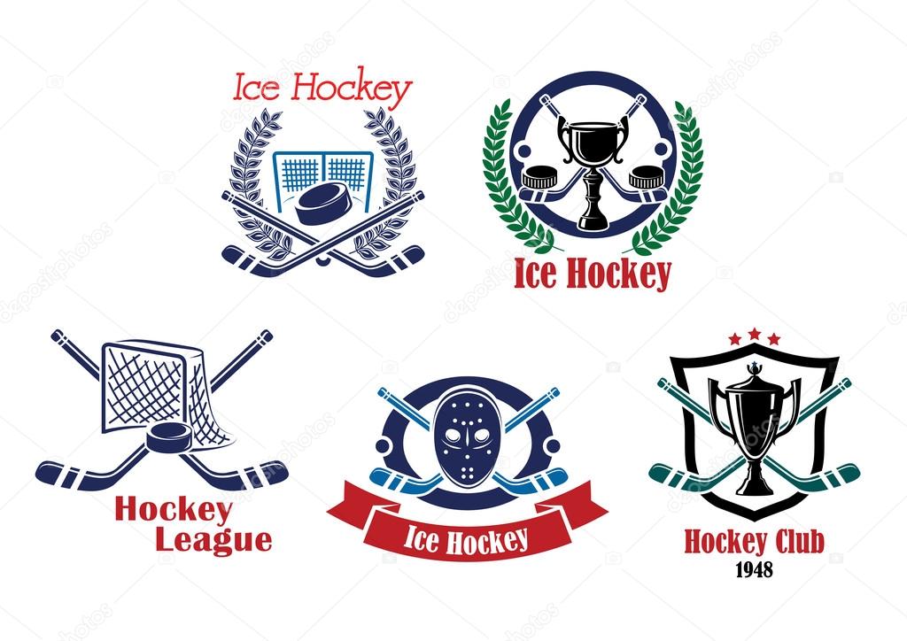 Ice hockey, hockey club and league emblems, badges, symbols with hockey equipment, trophy cup framed in a laurel wreath or heraldic shield on white background