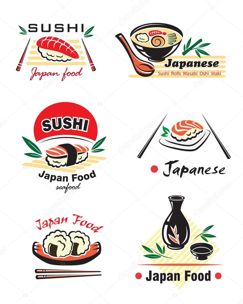 Japanese seafood set with sushi, rolls, sake, nigiri, fish, rice, soup, sauce, chopsticks on white background for restaurant menu design