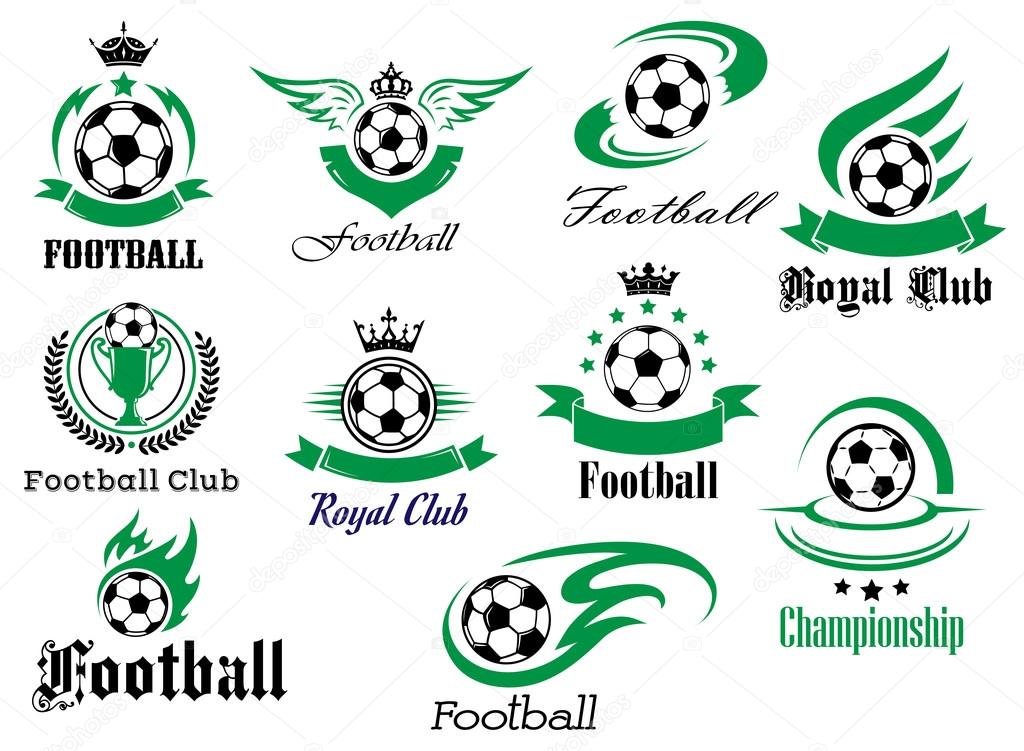Football or soccer sports heraldic emblems and symbols for sport club, championship design with balls, ribbon banners, wings, trophy, crowns and stars