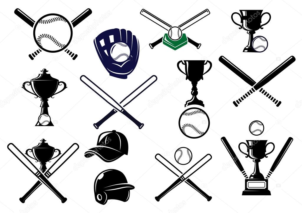 Baseball sports equipment elements for sport emblems and logo design with bats, gloves, balls, helmet, cap and trophies