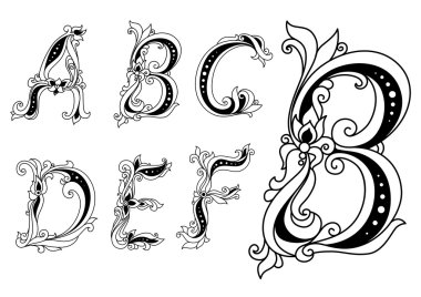 Kaligrafi çiçek harf A, B, C, D, E ve F