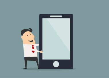 Cartooned businessman presenting big smartphone