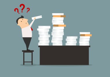 Overworked cartoon businessman with stacks of paper