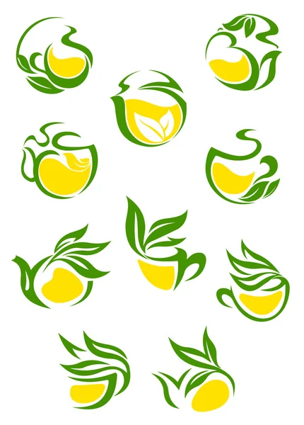 Iconos de té verde o de hierbas — Vector de stock