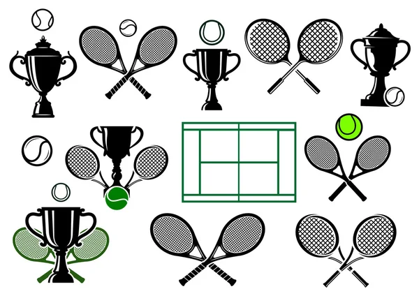 Iconos y elementos del torneo de tenis — Vector de stock