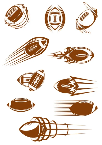 Iconos deportivos de rugby y fútbol marrón — Vector de stock