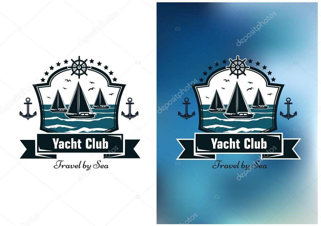 Dark blue emblems or logo of yacht club with sailboat floating on the wave sea enclosed a figured frame with stars, anchors, ribbon banner and steering wheel