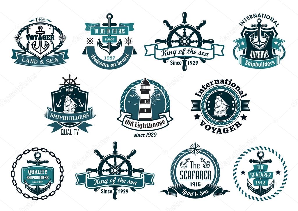 Blue marine labels, logo or emblems set with anchors, wheels, sailboats, lighthouse, ribbons, ropes, chains and stars